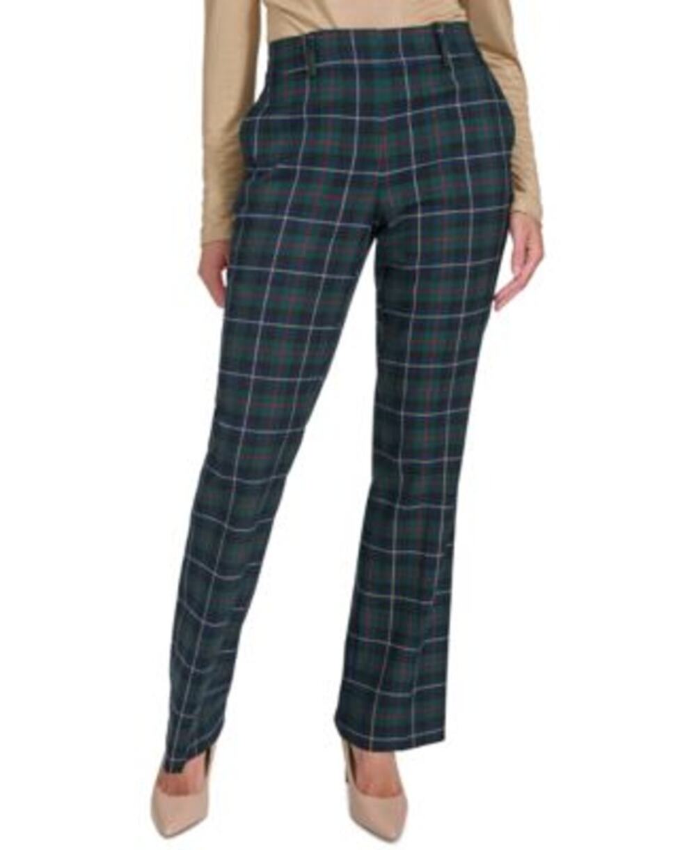 Tommy Hilfiger Women's Checked Mid Rise Bootcut Pants in Forest Green Plaid